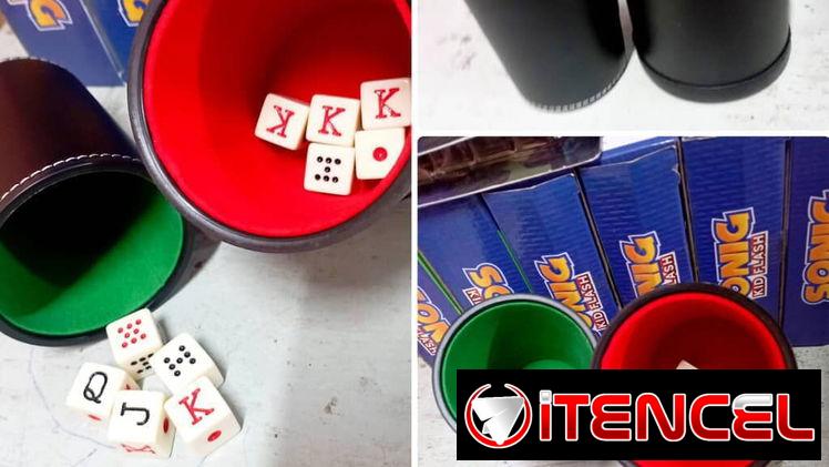 CUBILETES ORIGINALES CUBO PLÁSTICO REVESTIDO DE CUERO+ 5 DADOS NÁCAR