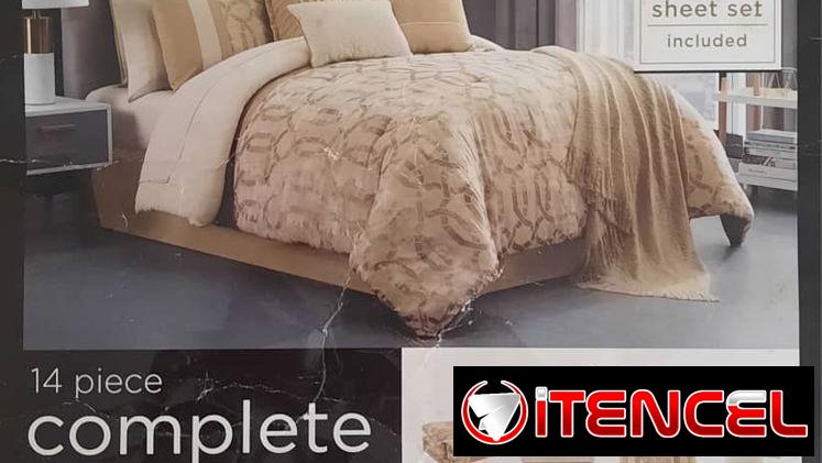 EDREDON BELMONT. JGO DE 14 PZAS PARA CAMA QUEEN. COLOR BEIGE. NUEVO
