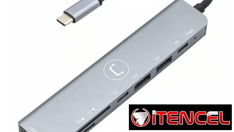 Hub Unno Tekno 7-En-1 USB-C HDMI 4K 30Hz PD 60W USB 3.0 Lector SD/MicroSD Carcasa De Aluminio Plug & Play