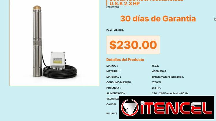 Bomba de Agua Sumergible U.S.K 2.3HP 30m Caudal 75, Bomba de Agua Sumergible 2.3HP 3440RPM Bronce VPT#-0490