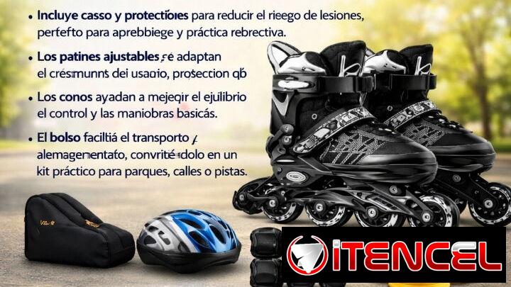 Patines + Casco + Rodilleras/Coderas/Muñequeras + 3 Conos + 1 Bolso de Transporte