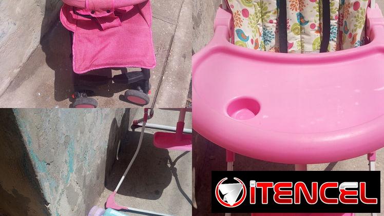 En venta coche, velocipedo y silla de bebé para comer.