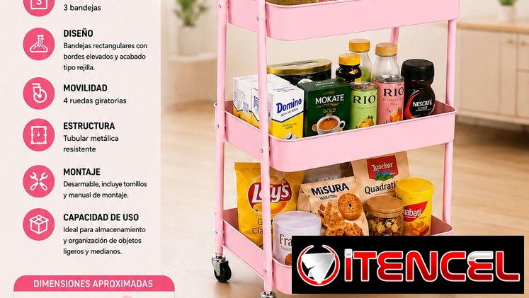 CARRITO ORGANIZADOR METÁLICO DE 3 NIVELES ROSADO