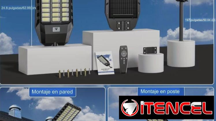 Lámpara solar grande y chiquitas. Para patios, fincas y otros exteriores. Con mando y sensor de movimiento.