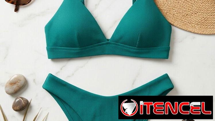 Trusa bikini verde esmeralda acanalado, talla M. Diseño minimalista de dos piezas con top de copas triangulares y bikini