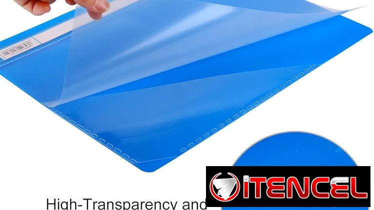 Carpeta A4, cubierta transparente, 2 puntas con bolsillo triangular. Material de polipropileno