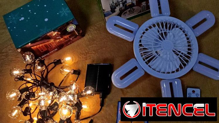 Ventilador lámpara de techo 2 en 1, girnalda solar, imanes portanotas , lámpara recargable solar para césped