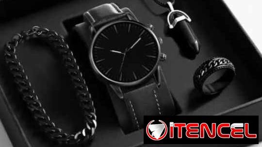 Reloj de cuarzo negro con pulso anillo y collar 18 usd