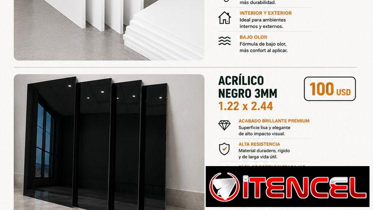 acrílico de 3 mm negro y acrilico espejo, ambos en formato 1.22 × 2.44 m.