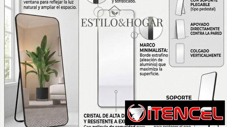 Espejo rectángular* Espejo de cuerpo entero ,con marco plástico negro y base de metal .