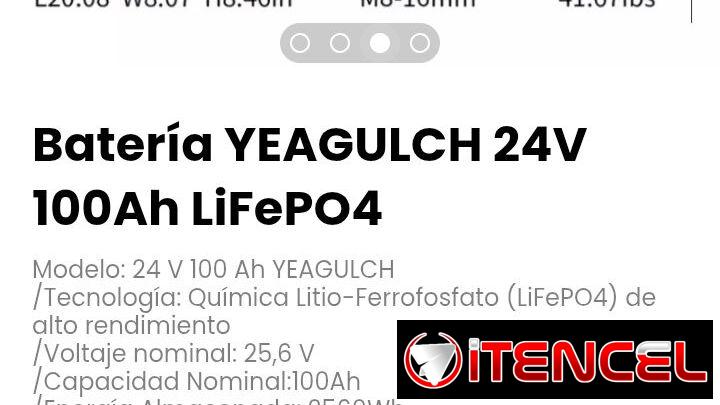 Batería YEAGULCH 24V 100Ah LiFePO4. Peso: 20 – 23 kg