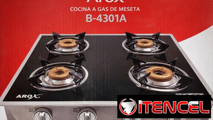 Cocina de gas de meseta con encendido electrónico de 4 hornillas.