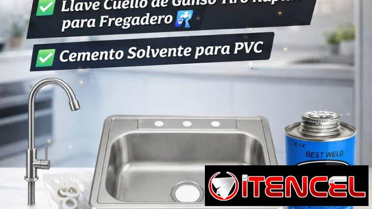 Fregadero de Acero Inoxidable + Llave Cuello de Ganso Tiro Rápido para Fregadero + Cemento Solvente para PVC