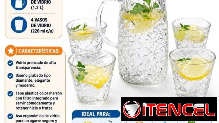 JUEGO DE JARRA DE VIDRIO CON 4 VASOS, ENTREGA DE FACTURA, VARIEDAD DE ÚTILES DEL HOGAR, ETC