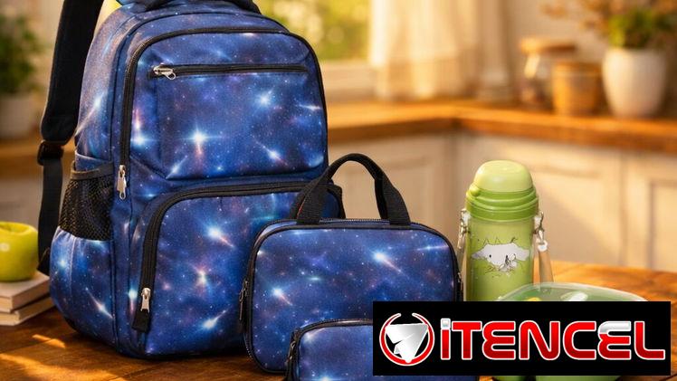 Set de mochila con lonchera y cartuchera, complementado con lonchera infantil de compartimentos y botella con sorbete.