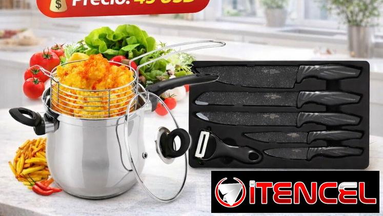 FREIDORA DE ACEITE CON CANASTA ESCURRIDORA + SET DE CUCHILLOS DE COCINA NEGROS