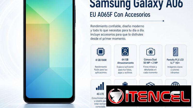 Teléfono Samsung Galaxy A06 EU A065F 4Gb Ram, 64Gb Almacenamiento, Con Cover, Mica y Audífonos/ 130