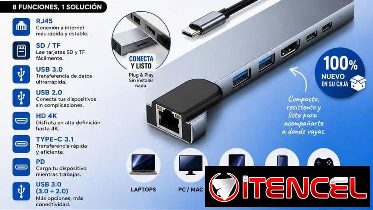 Hubs tipo C 8 en 1 para Mac y demás dispositivos