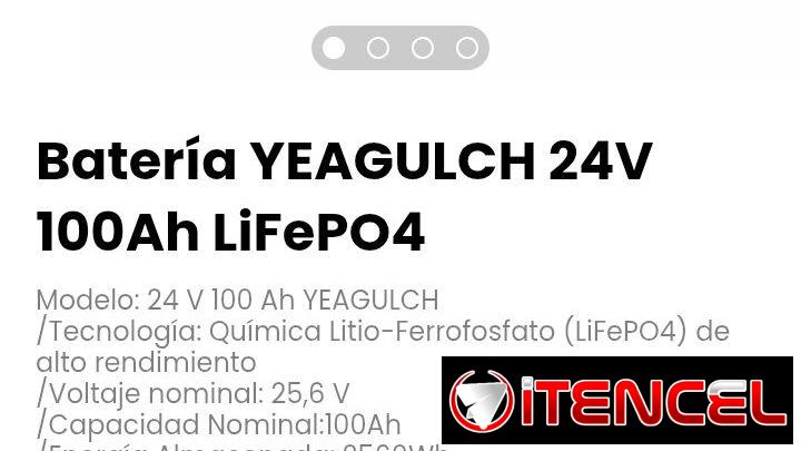 Batería YEAGULCH 24V 100Ah LiFePO4. Peso: 20 – 23 kg
