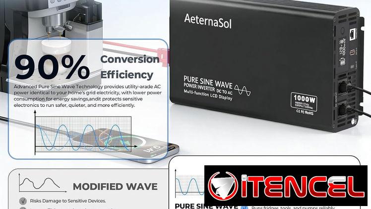 AeternaSol Inversor de onda sinusoidal pura 12v a 110v 1000W CC 2000W Pico