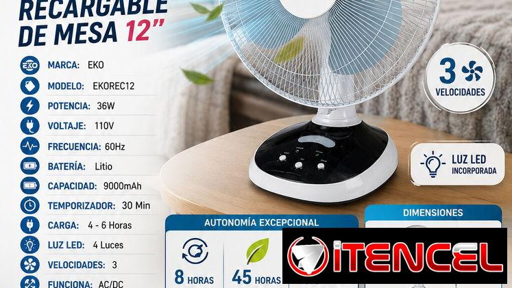 🟢 EKO 🟢 VENTILADOR RECARGABLE DE MESA 12″ EKO – AC/DC – 9000mAh. MENSAJERIA CON FACTURA Y GRANATÍA. TL 54833699