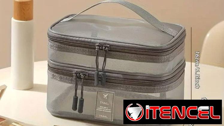 Bolsa Organizadora de Maquillaje de Gran Capacidad con Malla Transparente y Caja de Almacenamiento con Cremallera 3D