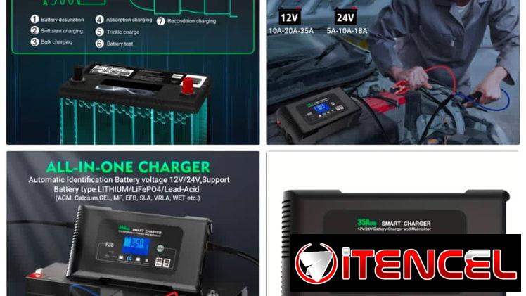 Cargador inteligente de 12v(35A) y 24v(15A) configurable:  ⚡ Voltaje de trabajo: 12V / 24V con detección automática. 🔌