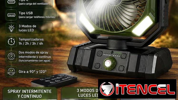 Ventilador de camping modelo OT-f22, con spray de agua