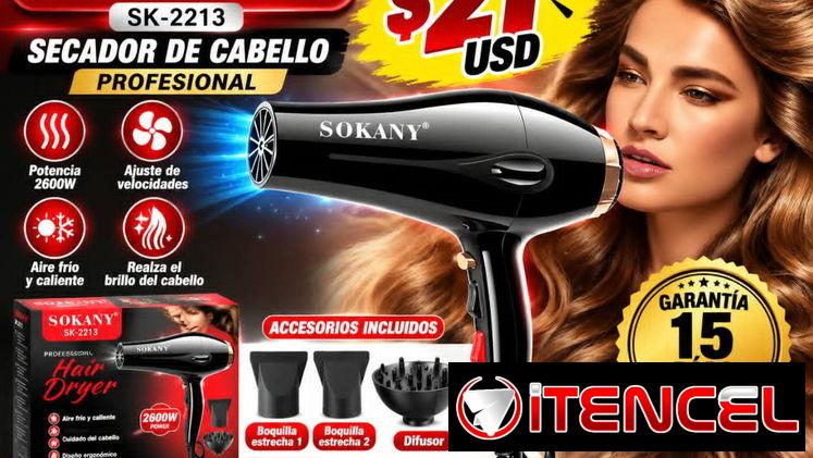 SECADOR DE CABELLO PROFESIONAL 2600W CON 3 BOQUILLAS MARCA SOKANY (RADICAMOS EN SAN MIGUEL DEL PADRÓN)