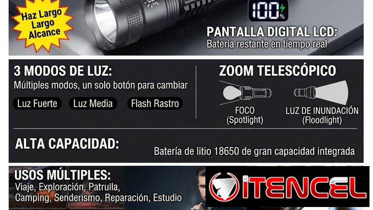 Linterna Táctica LED Recargable de Largo Alcance con Pantalla Digital