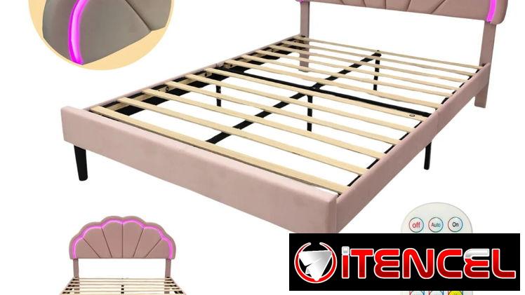 Cama rosada con luces led Medidas: 137 × 114 × 190 cm Viene con el mando para regular las luces led por intensidad, velo