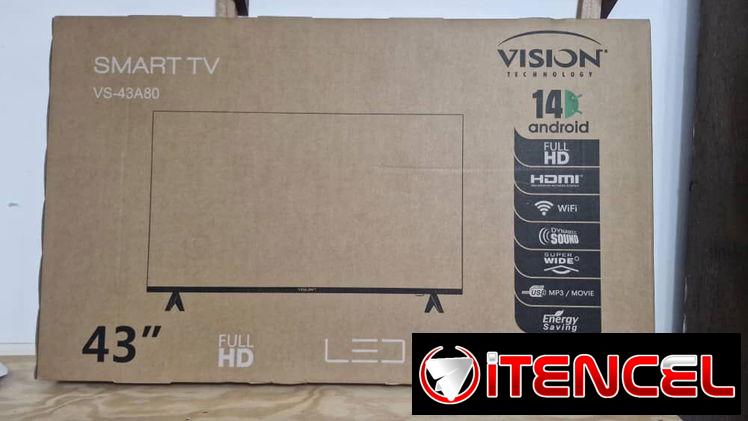 Smart TV 43" VISION con cajita interna y soporte a la pared.