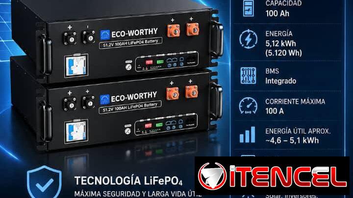 Batería Inteligente Eco – Worthy Tecnología LiFePO4 🔋 5.12 Kwh 🔋 51,2 V 100 Ah⚡️ BMS Integrado   PRECIO: 1380 USD   No