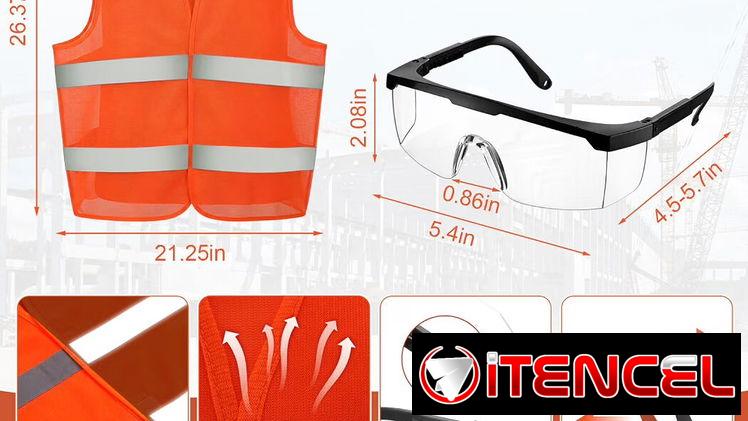 Set de casco + gafas + chaleco reflectante.