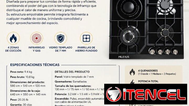 COCINA MILEXUS PARA GAS Y ELECTRICIDAD. MIXTA. EMPOTRADA PARA GAS E INFRARROJO .