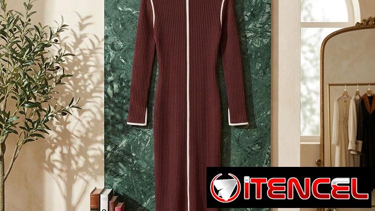 Vestido Midi Ajustado de Punto Acanalado Granate MEROKEETY - Talla M 25