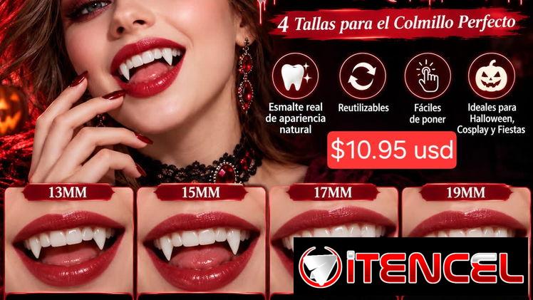 Pareja de dientes o colmillos de vampiro realistas