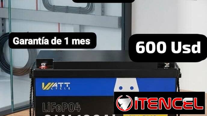 Batería de Litio LiFePO4 WattCycle 24V 100Ah, 2560Wh, BMS 100A, Garantía de 1 mes, Entrega por un mínimo costo adicional