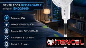 ✨VENTILADOR ✨ RECARGABLE EKO 16" MOTOR 40W POTENCIA Y BATERIA 9000MAH. ENTREGA GRATIS CON GARANTIA 6 MESES. TL 54833699