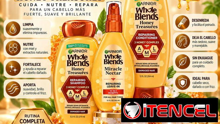 Champú, Acondicionador y Tratamiento sin Enjuague Garnier Whole Blends Honey Treasures – Reparación para Cabello Dañado