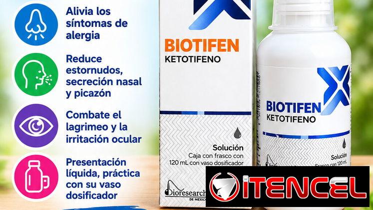 Es Biotifen (ketotifeno), un medicamento antihistamínico y antialérgico en solución oral de 120 mL.