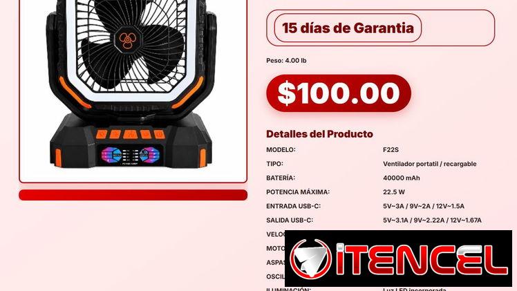 VENTILADOR RECARGABLE PORTÁTIL F22 CON LUZ LED 40000mAh .