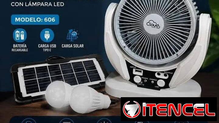 Ventilador recargable - panel solar -2 bombillos