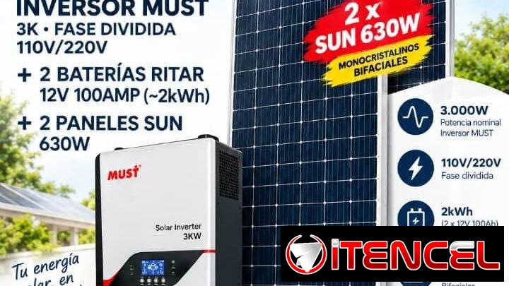 Inversor must de 3k fase dividida 110v/220v + 2 baterías Ritar 12v 100amp para ~2kWh + 2 paneles Sun de 630w