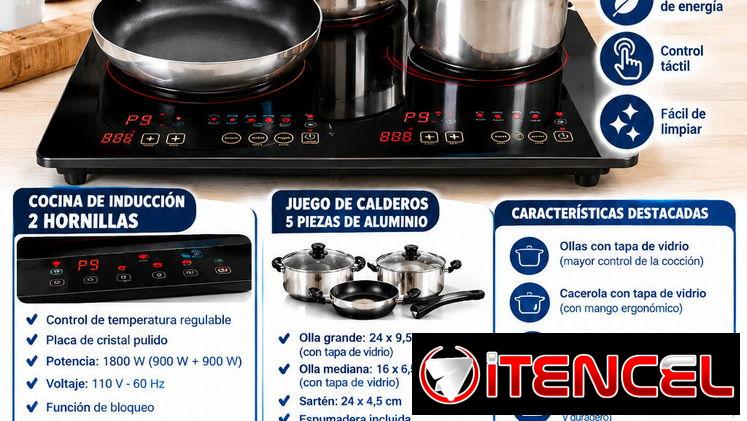 🔥 SUPER COMBO 🔥 ⚡ Cocina de Inducción de 2 Hornillas + Juego de Calderos (5 Piezas) 🍳 ¡Cocina más rápido, seguro