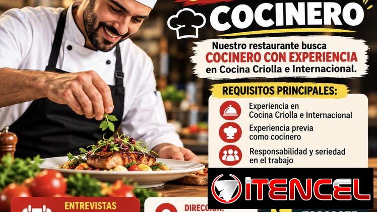 Buscamos Cocinero con experiencia en cocina criolla e internacional