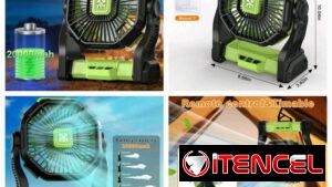 Ventilador de batería recargable de 20000 mAh de batería, linterna led, ajustable, de 4 velocidades con gancho, ventila