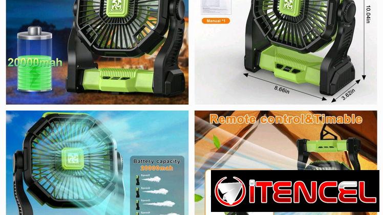 Ventilador de batería recargable de 20000 mAh de batería, linterna led, ajustable, de 4 velocidades con gancho, ventila