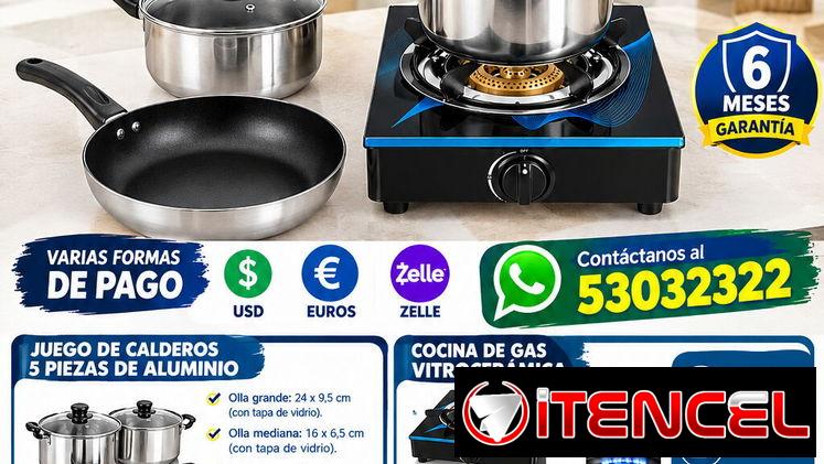 🔥 SUPER COMBO DE COCINA 🔥 🍳 Juego de Calderos (5 Piezas) + Cocina de Gas Vitrocerámica 🍳 ¡Calidad y practicidad