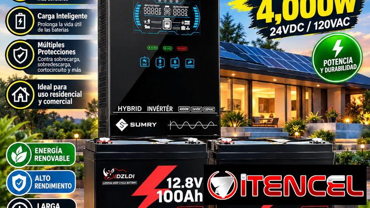 Inversor Solar Sumry de 4000 w con 2 Baterías de 12.8v de 100 Ah Nuevos en su Caja con su Garantía